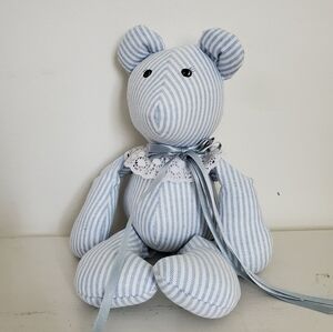 Handmade Blue Stripe Teddy Bear Memory Bear With Lace Collar